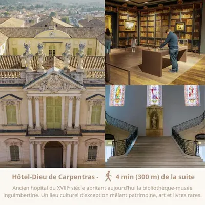 a collage of photos of a building with a man installing a window at La Cour Secrète - Suite Riad Balnéo privé Carpentras in Carpentras