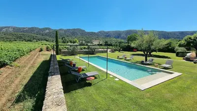a swimming pool in the middle of a grassy field at Mas aux gourmandises in Oppède