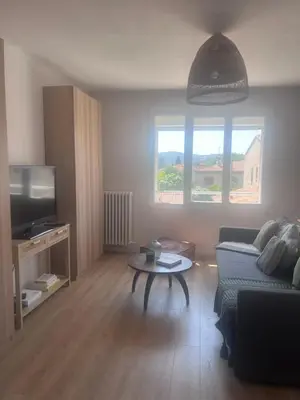 a living room with a couch and a table at Aix centre - Appartement Cosy avec Terrasse et Clim in Aix-en-Provence