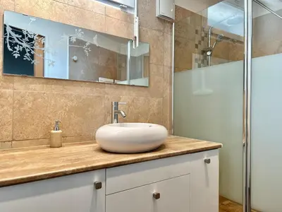 a bathroom with a sink and a shower at Villa 7 chambres, piscine et jardins privés, pas de voisins in Le Thor