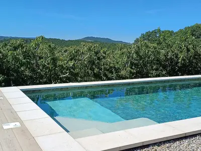 a swimming pool with a view of some trees at Gite au calme, sur domaine vinicole avec piscine chauffée partagée idéal rando et vélo in Mormoiron