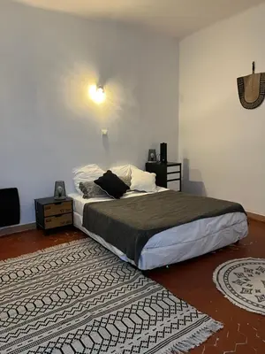 a bedroom with a bed and a rug at Maison de vacances en pleine nature in Aurons