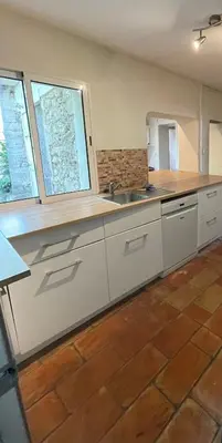 a kitchen with a sink and two windows at Maison de vacances en pleine nature in Aurons