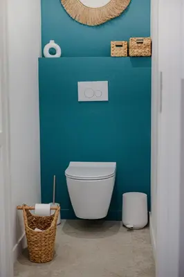 a bathroom with a white toilet and a blue wall at Magnifique Villa à 5 minutes d'Aix in Aix-en-Provence