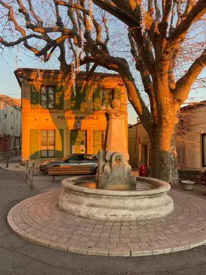 a fountain in front of a building with a tree at Maison village provençal in Éguilles