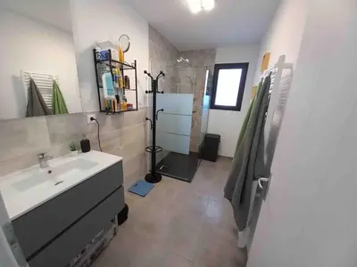 a bathroom with a sink and a shower in it at Maison en Provence 7 personnes avec piscine in Carpentras