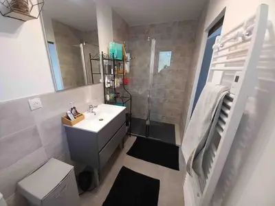 a small bathroom with a sink and a shower at Maison en Provence 7 personnes avec piscine in Carpentras