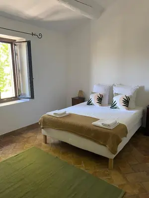 a bedroom with a large bed with a green rug at The Farmhouse in the shade of the plane trees in Cavaillon