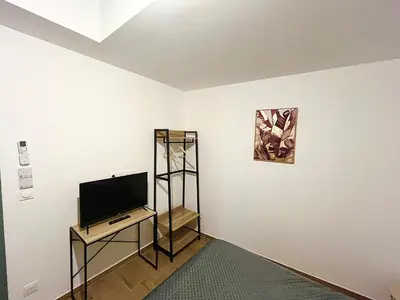 a room with a flat screen tv and a shelf at Le Cabanon Meublé de Tourisme trois étoiles in Entraigues-sur-la-Sorgue