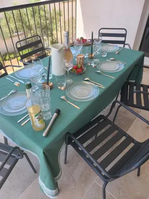 a green table with plates and glasses on it at le petit 105 villa neuve avec piscine in La Fare-les-Oliviers