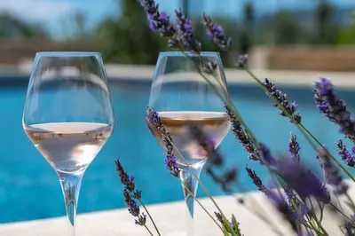 two glasses of white wine next to a pool at Villa Les Escapades d'Adrien, piscine, climatisation in Sannes