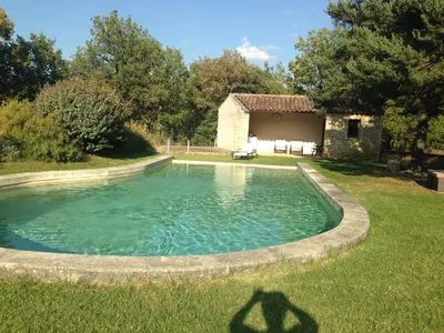 a shadow of a person standing in front of a swimming pool at Maison typique provençale au calme absolu dans le triangle d or a Bonnieux in Bonnieux