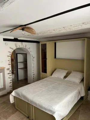 a bedroom with a bed and a ceiling fan at Place ô sorgue ! in LʼIsle-sur-la-Sorgue