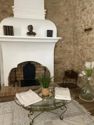 a living room with a fireplace and a table with two books at Domaine Régine in Le Puy-Sainte-Réparade