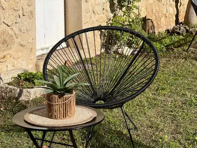 a black chair with a potted plant on top of it at Domaine Régine in Le Puy-Sainte-Réparade