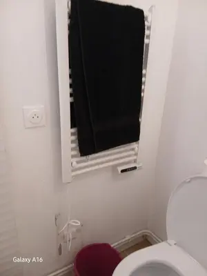 a bathroom with a toilet with a black towel at Aix Pont de Larc California 2 Coté Jardin - Parking in Aix-en-Provence