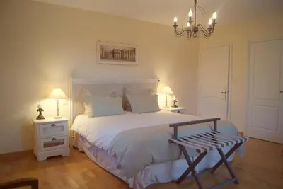 a bedroom with a large white bed and a chandelier at Le moulin vieux, mas authentique en Provence avec piscine in Entraigues-sur-la-Sorgue