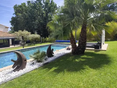 a swimming pool with a palm tree next to a house at Aloha in Aix-en-Provence