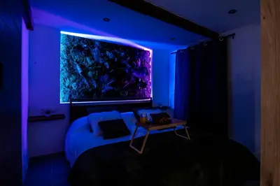 a room with a bed with a purple lighting at Studio cosy I Centre historique in Cavaillon