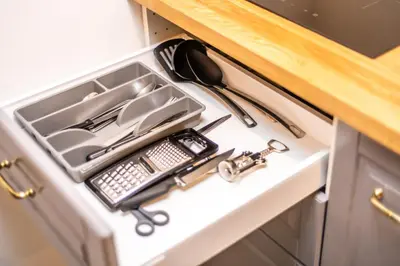 a kitchen drawer with a sink and utensils at Studio cosy I Centre historique in Cavaillon