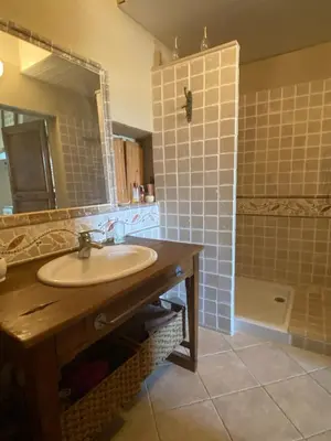 a bathroom with a sink and a shower at La Rochère - Hamlet with swimming pool in Gordes in Gordes