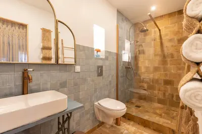 a bathroom with a toilet and a sink and a shower at Terres Élaïs in Robion en Luberon