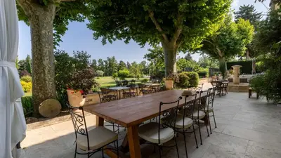 a wooden table and chairs in a patio with trees at La Bastide des Amouriers in Caumont-sur-Durance