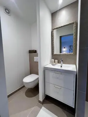 a bathroom with a toilet and a sink and a mirror at Studio Avignon MONTFAVET in Avignon