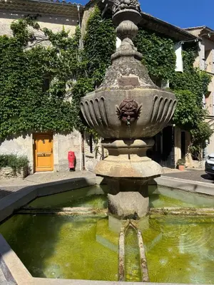 a stone fountain with water in front of a building at Charming house in the village center of Venasque in Venasque