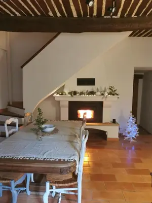 a living room with a table and a fireplace at Trés jolie bastidon de village in Puyvert