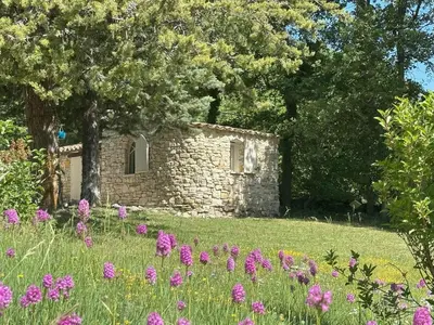 a stone building in the middle of a field with flowers at Le Bastidon in Caseneuve