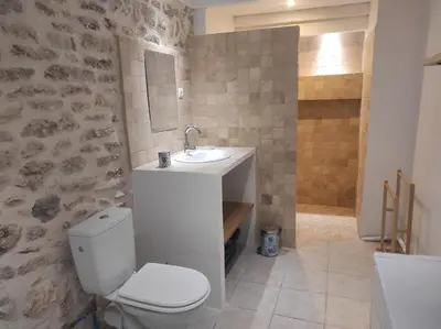 a bathroom with a white toilet and a sink at Les Tilleuls in Bonnieux