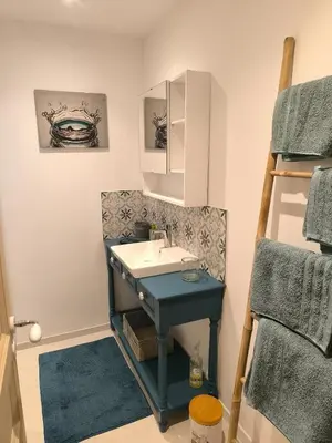a bathroom with a blue sink and a ladder at Gîte en Provence in Cavaillon