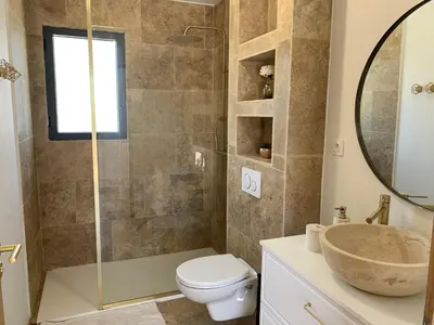 a bathroom with a shower and a toilet and a sink at Villa MTI Ventoux in Blauvac