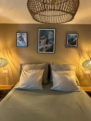 a bedroom with a bed with two pillows at Casa Bohemia, piscine privée proche Aix en Provence in Ventabren