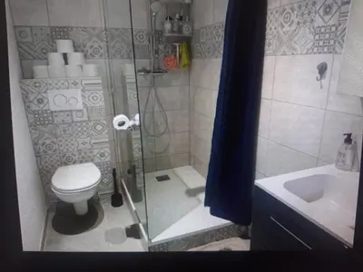 a bathroom with a shower with a toilet and a sink at Superbe appartement au pied du Mont Ventoux in Caromb