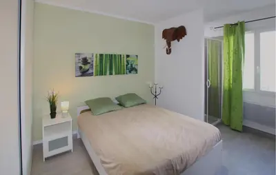 a bedroom with a large bed with green curtains at Awesome Home In Morières Les Avignon in Morières-lès-Avignon