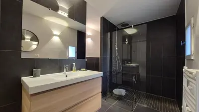 a bathroom with a white sink and a shower at La maison Calavoun in Maubec