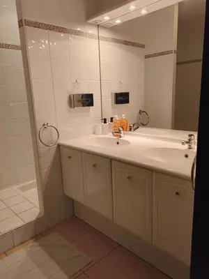 a bathroom with a white sink and a shower at Appartement idéal séjour touristique et pro in Vedène