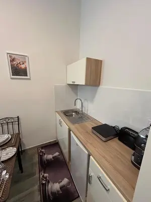 a kitchen with a sink and a wooden counter top at T2 centre-ville avec parking privé inclus in Cavaillon