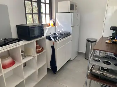 a kitchen with a white refrigerator and a microwave at Appartement T2 dans le Luberon in Cavaillon