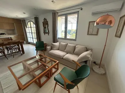 a living room with a couch and chairs and a table at Bastidon provençal entièrement rénové et climatisé in Vaugines