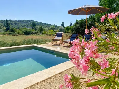 a pool with two chairs and an umbrella and pink flowers at Maison de charme 4 étoiles - superbe vue et bassin-piscine privé in Rustrel