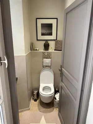 a small bathroom with a toilet and a picture at Aix flat in historic center, 17th century building in Aix-en-Provence