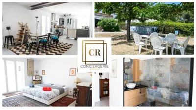 a collage of photos of a living room and a house at Maison Familiale Piscine et Proche des commerces in Pertuis