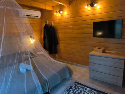 a bedroom with a bed with a mosquito net at Evasion sous les pins in Aurons