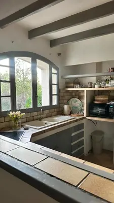 a large kitchen with a large sink and two windows at Art Appartement Kristina 80m2 in Graminier