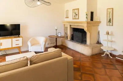 a living room with a couch and a fireplace at Mas Provençal au Cœur des Vignes du Luberon - 3 Chambres - Calme Absolu - Wifi in La Tour-dʼAigues