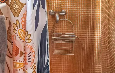 a shower curtain with a basket in a bathroom at Gîte Avec Piscine in La Tour-dʼAigues