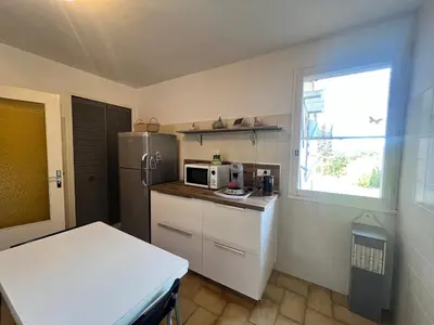 a kitchen with a refrigerator and a microwave at La maison de Raffi in La Tour-dʼAigues